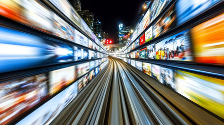 Speeding Through Data Tunnel, Bright Lights, Streaking Motion Blur, Abstract Technology Backgroundの素材