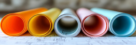 Colorful Blueprints on Architect Table, Construction and Architectural Design Backgroundの素材