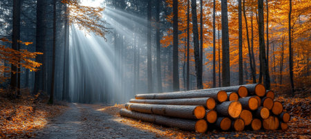 Tranquil Autumn Forest Sunbeams Illuminating Stacked Logs Amidst Colorful Foliage.の素材