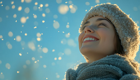 Portrait of a Joyful Young Woman in Warm Knit Hat Smiling at the Falling Snow on a Sunny Winter Day.の素材