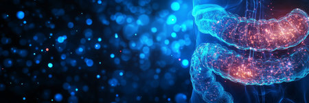 Human Large Intestine And Small Intestine, 3D Illustration on a Blue Colored Medical Background.の素材