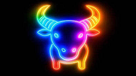 Neon Taurus Vibrant Zodiac Sign on Black Background, Abstract Luminous Bull Illustrationの素材