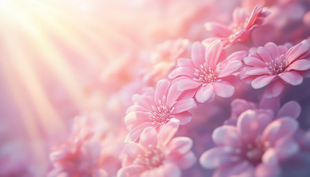 Soft Blooms in Pastel Dawn - Floral Background, Serenity in Nature, Pink Flowers in Sunlightの素材