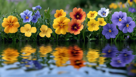 Vibrant Symphony Pansies and Violets Reflected in Tranquil Water, a Colorful Springtime Display,の素材