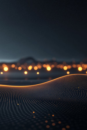 Abstract Waveform Golden Energy Points Flowing Over Digital Landscape with Soft Focus Backgroundの素材