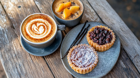 Aromatic Coffee, Delicious Fruit Tarts, and Vanilla Beans A Rustic Cafe Indulgence on a Sunny Dayの素材