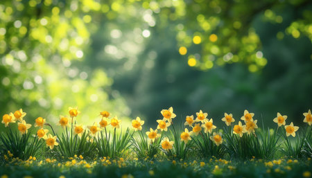 Spring Meadow, Daffodil Flowers in Bloom, Sunbeams and Bokeh, Garden Idyll, 85-100 Characterの素材