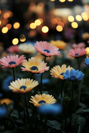 Summer Garden Lights Colorful Wildflower Collection Bathed in Magical Golden Evening Bokehの素材