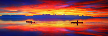 Vibrant Sunset, Kayaking Adventure Exploring Nature s Tranquility on a Tranquil Lakeの素材