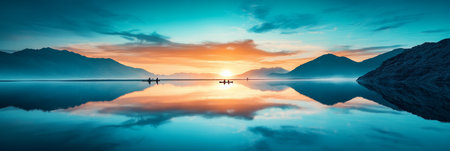 Golden Sunset Serenity Tranquil Lake Reflecting Majestic Mountains and Vibrant Sky with Kayakersの素材
