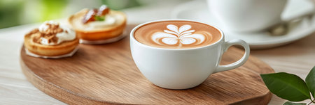 Close-Up of Steamed Milk Latte Art, Butterfly Design, Served With Pastries On a Wooden Trayの素材