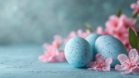 Speckled Pastel Blue Easter Eggs with Delicate Pink Spring Flowers on a Textured Backgroundの素材