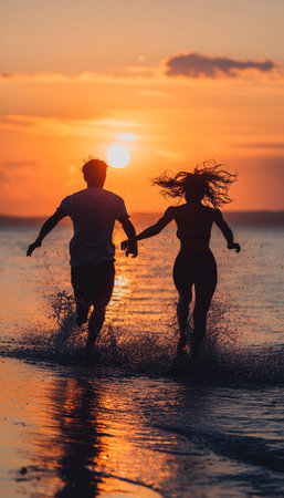 Romantic Sunset Beach Escape Couple Holding Hands, Splashing, and Running on the Shoreの素材