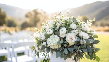 Elegant Outdoor Wedding Ceremony Decor Detail, White Floral Arrangement with Eucalyptus and Rosesの素材