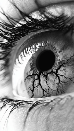 The Haunted Gaze Close-Up of an Eye With a Tree Root Pattern. Dark and Surreal Photographyの素材