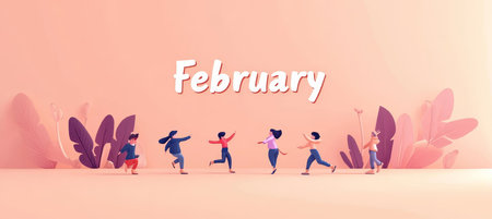February Delight Whimsical Minimalism with Joyful Dancing Figures Celebrating the Monthの素材