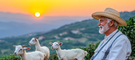 Golden Hour on the Goat Farm. An elderly farmer at peace with his goats during sunset.の素材