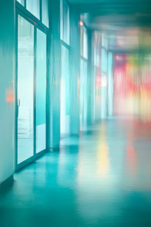 Empty hospital hallway with blurred background, modern architecture and blue toned image.の素材