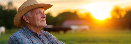 Golden Reflections Senior Farmer Enjoys Serene Sunset over Pasture with Silhouette of Cowsの素材