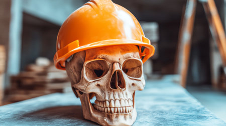 Forgotten Labor A Skull Wearing A Hardhat, A Stark Reminder Of Workplace Safety Hazards.の素材