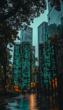 Urban Jungle, Futuristic Cityscape with Green-Hued Skyscrapers and Wet Street Reflecting Lightsの素材