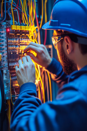Skilled Electrician Working Diligently on a Complex Fusebox, Safety Protocol, Electrical Inspectionの素材