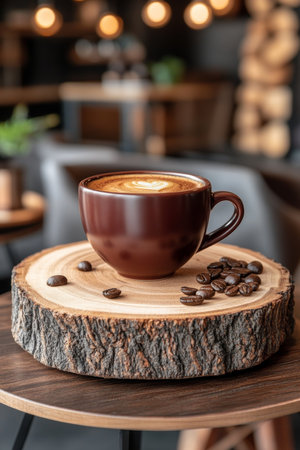Aromatic Coffee Indulgence Steaming Mug on Rustic Wooden Board in Cozy Cafe Atmosphereの素材