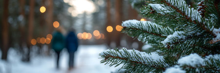 Snowy Pine Branch in Winter Wonderland Festive Bokeh Lights and Couple. Background with Copy Space.の素材