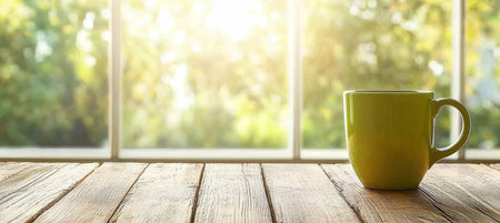 Yellow Mug on Rustic Wooden Table with Sunlit Blurry Window Garden View in Backgroundの素材