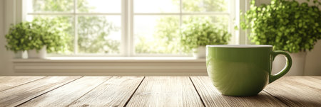Green Coffee Cup on Rustic Wooden Table with Bright Window and Blurred Greenery Backgroundの素材