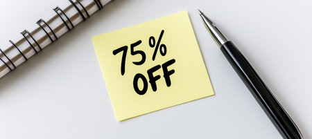 Ivory Square Note with 75 OFF Text on White Background Studio Product Photographyの素材