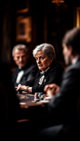 High Stakes, Higher Experience Senior Woman Dominates the Poker Felt in Exclusive Setting.の素材