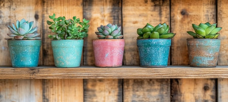 Five Small Succulent Plants in Colorful Pots on a Rustic Wooden Shelf, Home Decor Conceptの素材