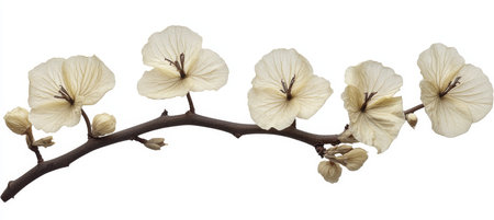 Isolated Delicate Floral Branch Dried White Flowers on Stem, Twig with Closed Flower Budsの素材