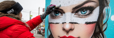 Female Street Artist s Precise Hand Adds Detail to Large-Scale, Vibrant Mural Portrait.の素材