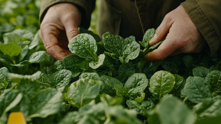 Farmer Examining Young Plants in Agricultural Field, Sustainable Farming and Organic Produceの素材