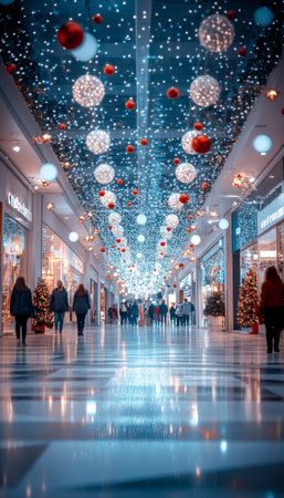 Festive Shopping Hallway, Sparkling Christmas Decorations, Blurred Shoppers, Holiday Spiritの素材