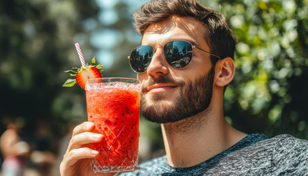 Summer Refreshment. Close-up of young man enjoys fresh juice on sunny day in. Focus on a glass.の素材