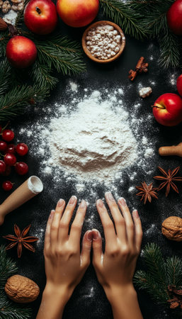 Christmas Baking Magic Preparing Dough with Festive Ingredients and Hands on Dark Backgroundの素材