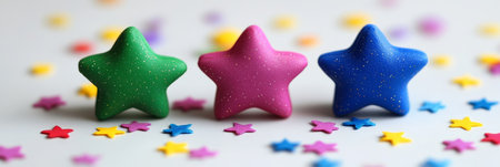 Three Vibrant Stars On A Scattered Confetti Background, Minimalistic Celebration Conceptの素材