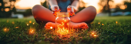 Child s Hands Holding Glowing Jar Of Lights In Field, Summer Evening, Childhood Memories And Dreamsの素材