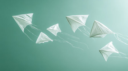 Six White Kites Soaring on Green, Gradient Sky. Minimalist Photo, Concept of Freedom, Dreams.の素材