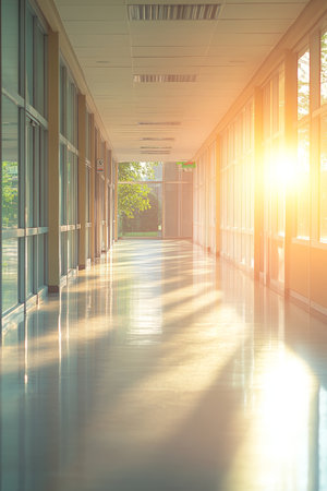 Bright Empty Hospital Corridor, Modern Healthcare Facility Hallway With Natural Sunlightの素材