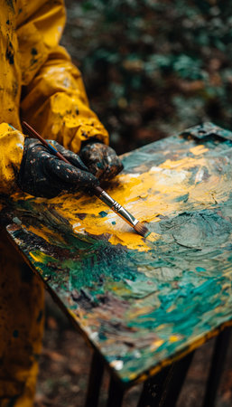 Artist in Nature Detail of Painter s Hands Creating Vibrant Landscape on Canvas Outdoorsの素材