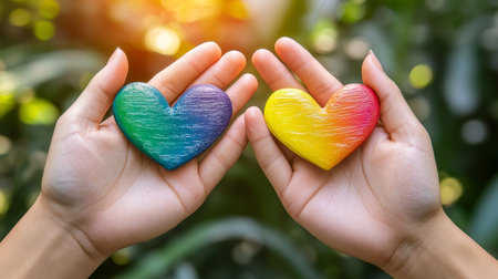 Two Hands Holding Vibrant Rainbow Colored Hearts, Representing Love, Diversity, and Support.の素材