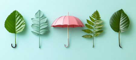 Green Leaves Aligned with Pink Umbrella, Minimalism and Safety Concept on a Pastel Blue Backgroundの素材