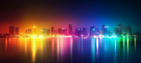 Vibrant Metropolitan Hospitality Blurred City Skyline at Night with Colorful Reflectionsの素材
