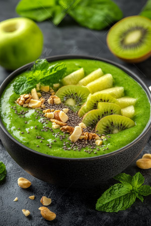 Healthy Green Smoothie Bowl with Fresh Fruit and Nuts, Perfect for a Nutritious Breakfast or Snackの素材