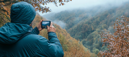 Lone Hiker Captures Breathtaking Mountain Vista on Smartphone During Misty Autumn Adventureの素材