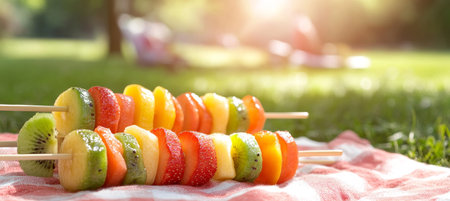 Summer Picnic Delight Vibrant Fruit Skewers on a Red Checkered Blanket in a Sunny Park.の素材